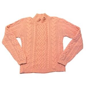 Vintage Cashmere Sweater Size Small Chunky Cable Made in Scotland Pink Mock Neck